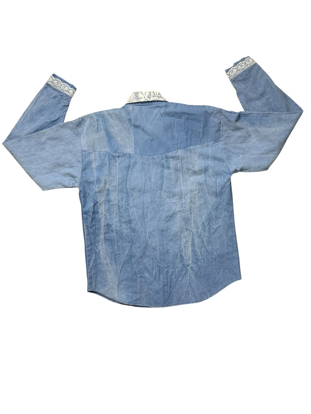 Vintage 80s Saísa Western Lace Bib Shirt Blue Made USA Medium - Picture 3 of 8